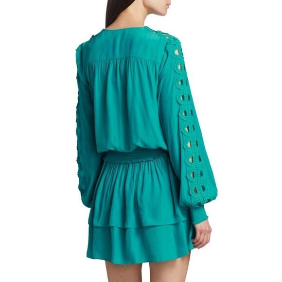 Ramy Brook Starling Dress Women's Small Teal Embellished-Sleeve Mini Smocked - Picture 12 of 13